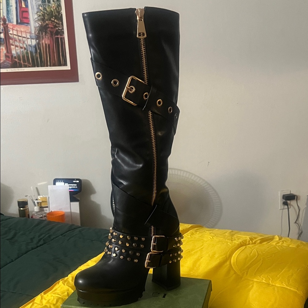 Dolce Vita Black Heeled Boots with Gold Accents